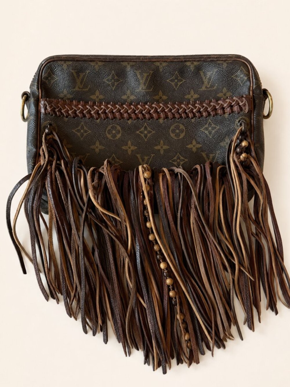 Vintage Boho Repurposed Monogram Leather Fringe Crossbody Bag